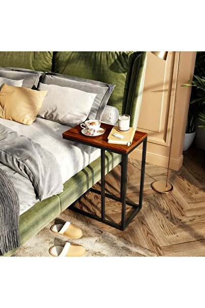 Cozara C-shaped sofa side table, large tabletop C-shaped table, with wheels/basic model in brown