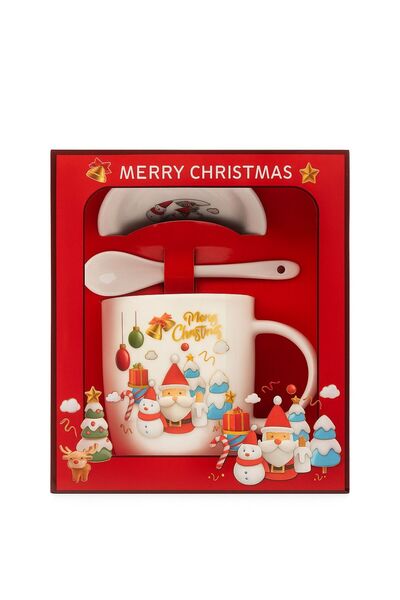 BaoBao Ceramic Christmas Mug Set with Saucer and Spoon Santa Claus Design, 300 ml