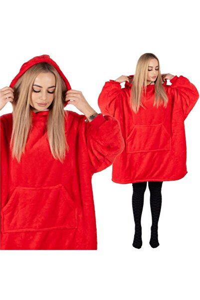 SERSIMO Oversized blanket sweatshirt made of soft fleece, with hood and large pocket, red
