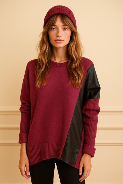 Okçu Triko Leather Detail Fishman Casual Knitwear Sweater-26K74130-Purple-08