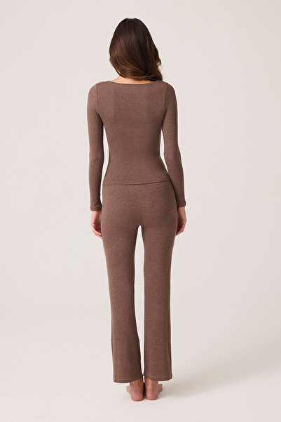 Los Ojos X Ece Brown Modal Fabric Long Sleeve Tracksuit Pajama Set Ribbed Pj2