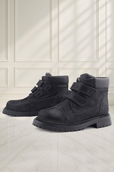 Rakerplus Cizme pentru fetiță din piele naturală cu velcro cu sclipici negru