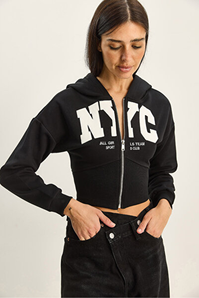 Bianco Lucci Women's Nyc Embroidered Three Thread Sh Fleece-Lined K Hooded Crop Cardigan 6942 60283794