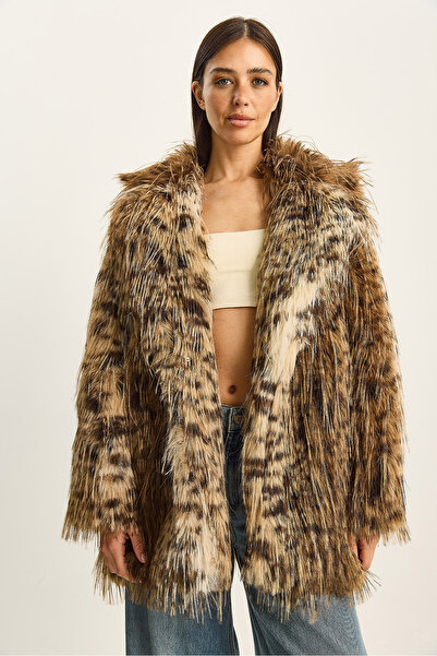 Bianco Lucci Women's Leopard Print Collared Lined Premium Faux Fur Coat 2847 60281127