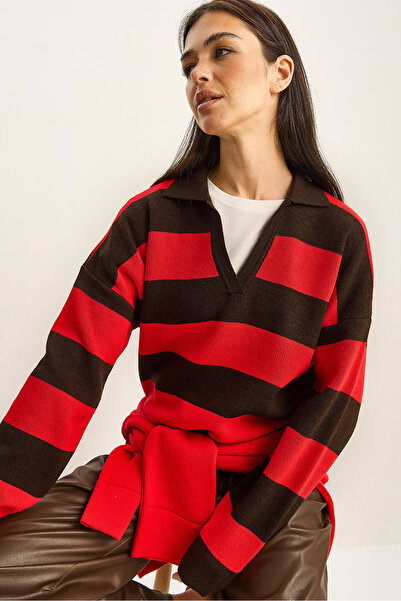 Bianco Lucci Pulover tricotat cu guler polo cu dungi pentru femei TK251122 60283700