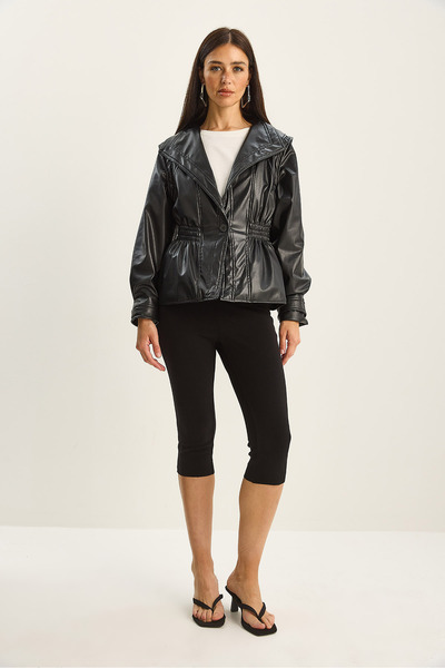 Bianco Lucci Дамско яке с еластична талия и кръстосани ревери от изкуствена кожа 2766 60281128