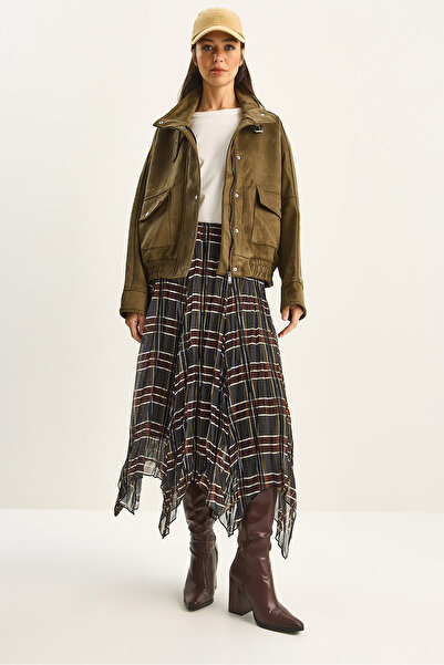 Bianco Lucci Women's Plaid Patterned Wrinkled Effect Lined Midi Chiffon Skirt De251105 60283760