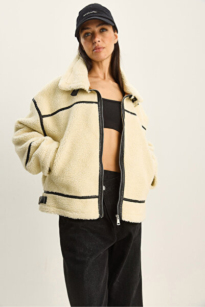 Bianco Lucci Women's Faux Leather Piped Detail Pocket Teddy Biker Jacket 2370 60281126