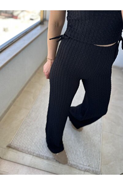 TUNAM BUTİK Black Double Set with Side Ruffles and Detailing on the Fabric