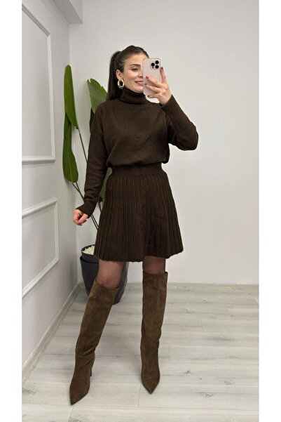 TUNAM BUTİK 7777 Skirted Knitwear Set Brown