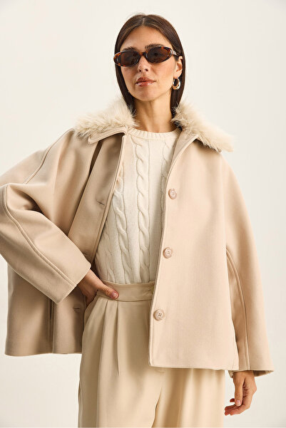 Bianco Lucci Women's Portable Fur Collar Pocket Detailed Lined Cashmere Coat 9032 60283797