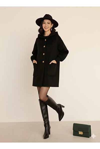 cemo Women's Oversized Loose Cut Above Knee Black Coat Large Pocket Wool Fabric Hood Detail