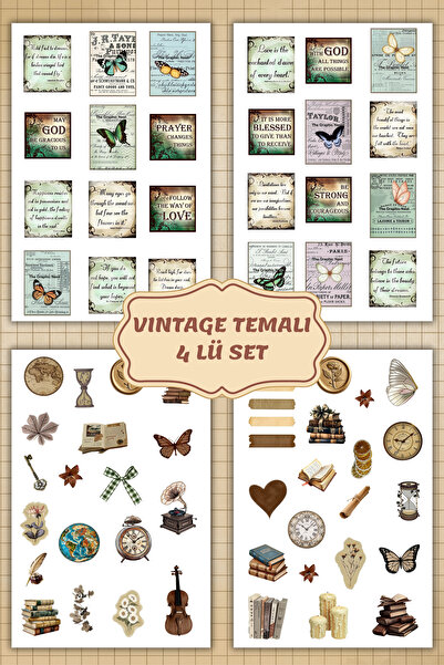 birikiyedi Vintage Temalı 4'Lü Sticker Set/Bullet Journal için Uygun Set/Etiket