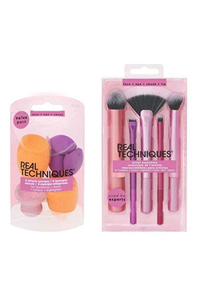 Real Techniques مجموعة فرش مكياج أساسية للفنانين، 5 قطع و6 إسفنجات ميراكل متعددة الألوان
