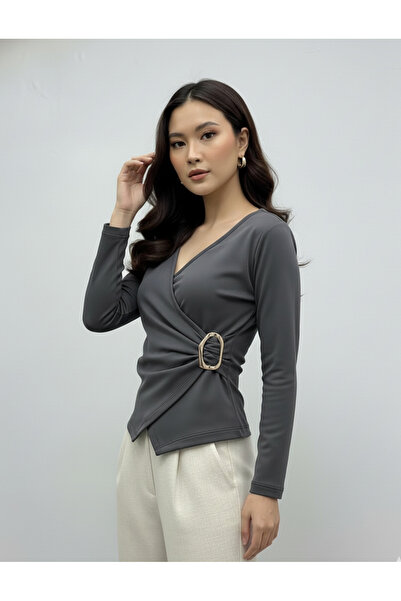 ns nirvana secret Double Breasted Long Sleeve Buckle Blouse