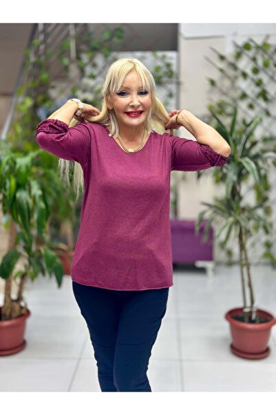 Punta Otantik Nc218181 Round Neck Knitwear with Leopard Inside Large Size Blouse Cherry