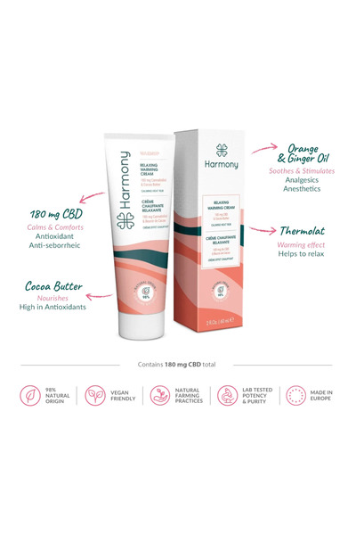 Harmony CBD Relaxation Cream 180mg Warmup with warming effect, 98% ingredients of natural origin60ml