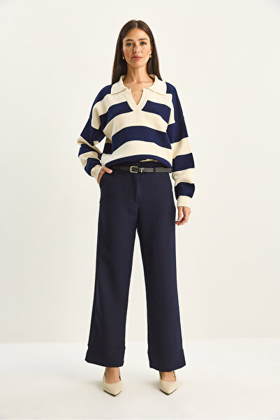 Bianco Lucci Kadın Yüksek Bel Kemerli Cep Detaylı Kıvrık Paça Pantolon 0309 60283790