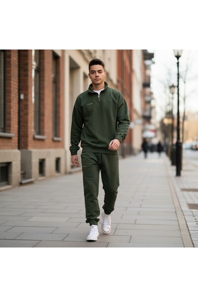 celevri Men's tracksuit, khaki, 100% premium cotton, with zipper, regular fit