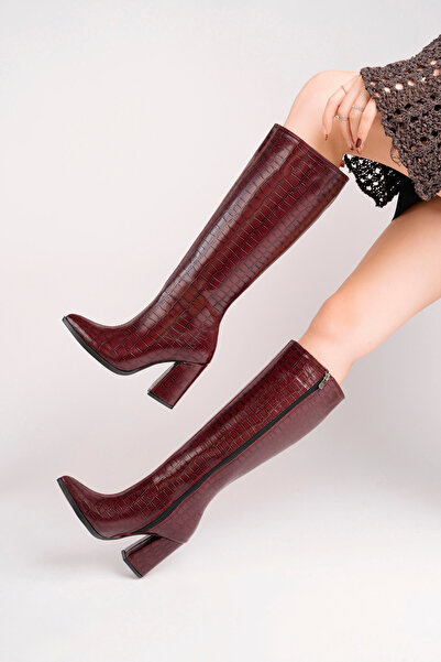 MARSHETTA Cizme de damă Legend Model Burgundy Crocodil cu vârf ascuțit, cu toc gros și fermoar lateral