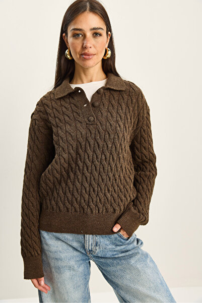 Bianco Lucci Women's Hair Knit Polo Neck Buttoned Knitwear Sweater Tk251120 60283789