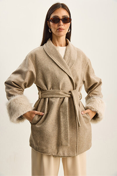 Bianco Lucci Women's Sleeves Fur Detailed Belted Cashmere Coat 60582 60283795