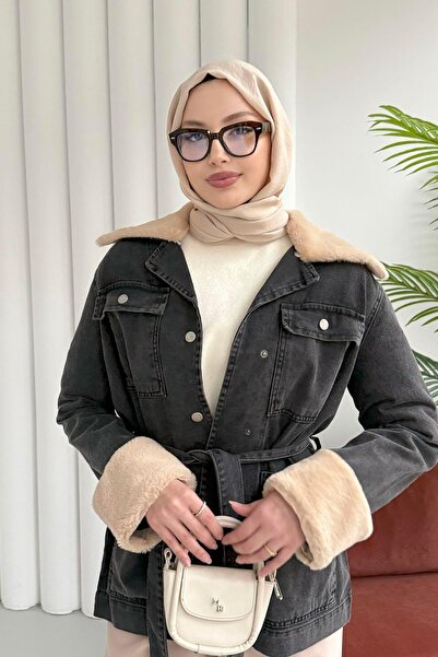 Modaensarbutik Kürklü Denim Ceket-SİYAH