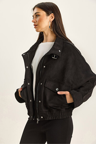 Bianco Lucci Women's Mock Neck Zippered Pocket Detailed Lined Oversized Faux Suede Jacket 9030 60283796