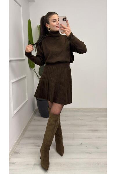TUNAM BUTİK 7777 Skirted Knitwear Set Brown