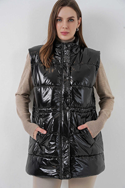 hazelin Women's Black Shiny Lined Puffer Vest Hzl25W-Bd152181