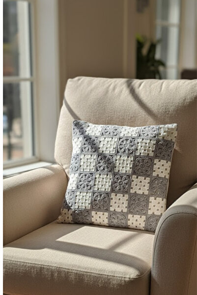 homytextiles Ajur Örgü , Patchwork Tığ İşi Örgü Kare Desenli Bohem, Modern Kırlent Kılıfı