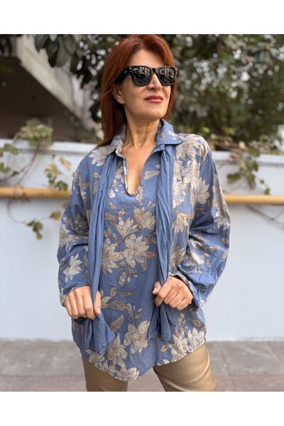 DenizEge Tricotaje moi cu eșarfă și cămașă Albastru indigo