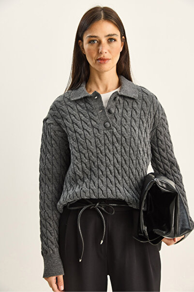 Bianco Lucci Women's Hair Knit Polo Neck Buttoned Knitwear Sweater Tk251120 60283789