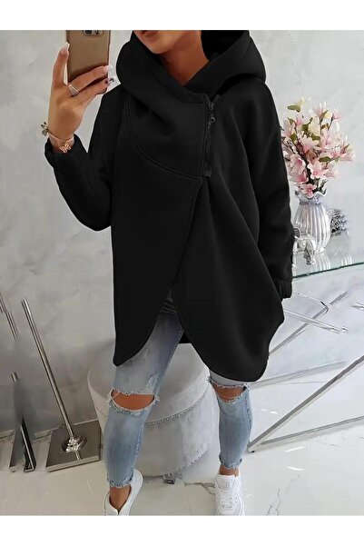 Afri Black Women's 3 Thread Ş Fleece-Lined K Hooded Jacket – Asymmetrical Zipper Oversize