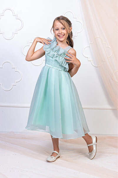 iklimix Girl's One Shoulder Ruffle Detailed Evening Dress