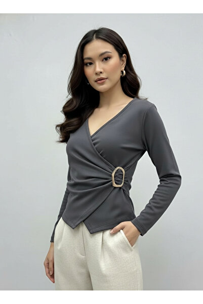 ns nirvana secret Double Breasted Long Sleeve Buckle Blouse