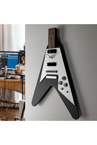 Time Reflection Siyah Flying V Rock and Roll Gitar Duvar Saati - El Yapımı Mo...