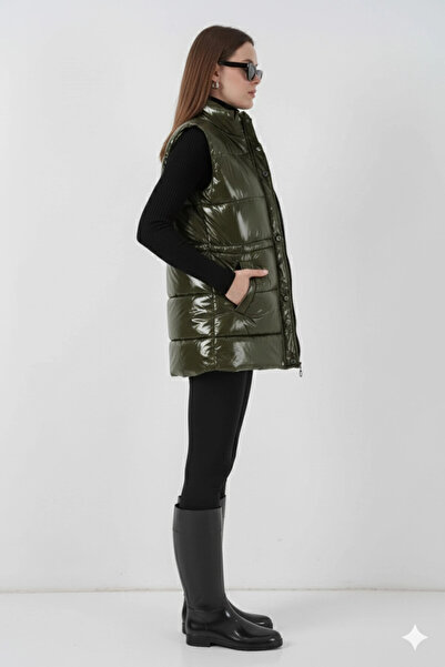 hazelin Women's Khaki Shiny Lined Puffer Vest Hzl25W-Bd152181