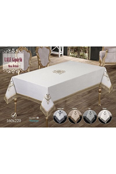 Diva Home مفرش طاولة مطرز بالزهور كريمي ذهبي 160×260 سم