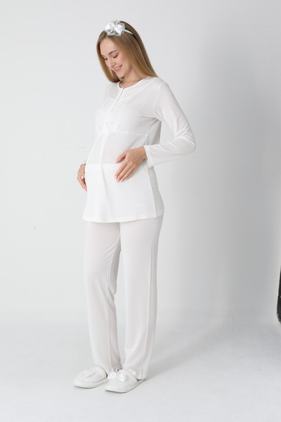 Lohusa Dünyasi Women's Jacquard Shawl Collar Special Design Winter Long Sleeve Cotton Maternity Dressing Gown Pajamas Suit 3-Piece Set