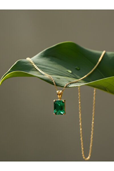 luvee 925 Ayar Dikdörtgen Zümrüt Gümüş Kolye