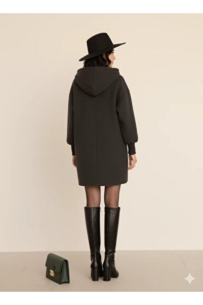 cemo Women's Oversized Loose Cut Above Knee Black Coat Large Pocket Wool Fabric Hood Detail