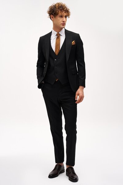 İgs Erkek Siyah Slim Fit / Dar Kalıp Sivri Yaka Yelekli Takım Elbise