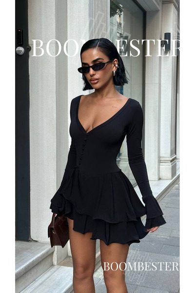 BoomBester Mini rochie neagră din țesătură Sandy – Rochie elegantă cu volane,...