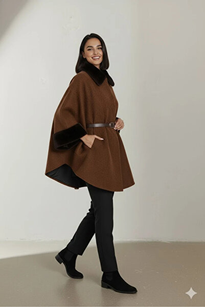 cemo Kadın Kürk Yaka Manşet Detaylı Panço Kaban Kemerli Pelerin Ceket Kaşe