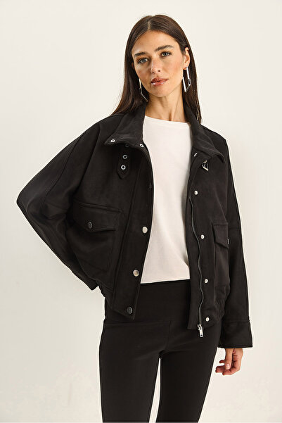 Bianco Lucci Women's Mock Neck Zippered Pocket Detailed Lined Oversized Faux Suede Jacket 9030 60283796