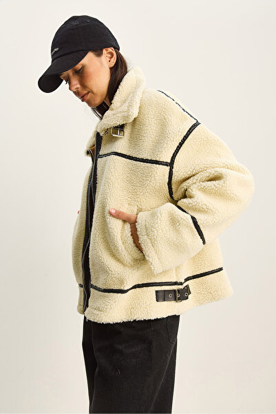 Bianco Lucci Women's Faux Leather Piped Detail Pocket Teddy Biker Jacket 2370 60281126