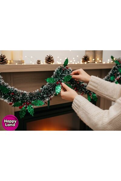 Happyland Christmas Ornament Snowy Decorated Tinsel Garland Glitter 2 m Green Color Cherry Model Hpy-4