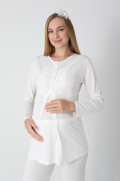 Lohusa Dünyasi Women's Jacquard Shawl Collar Special Design Winter Long Sleeve Cotton Maternity Dressing Gown Pajamas Suit 3-Piece Set