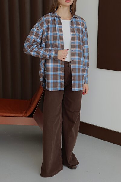 FEHUBLOOM Kadın Mavi Ekoseli Oduncu Gömlek